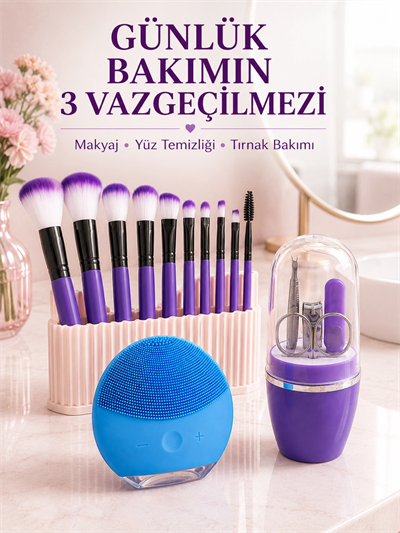 3’lü Güzellik ve Bakım Seti 12’li Mor Makyaj Fırçası Silikon Yüz Temizleme Cihazı ve Manikür Tırnak Bakım Seti