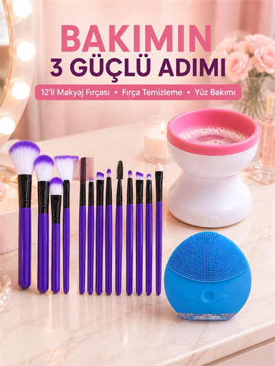 3’lü Güzellik ve Kişisel Bakım Seti 12’li Makyaj Fırçası Fırça Temizleme Cihazı ve Yüz Temizleme Cihazı