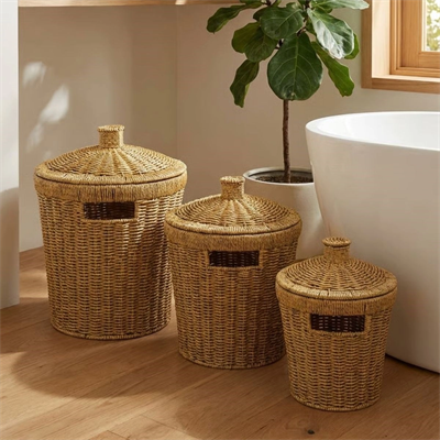 3’lü İç İçe Geçebilen Büyük Plastik Rattan Hasır Sepet Seti-dayanıklı Çok Amaçlı Ev,banyo Ve Mutfak Düzenleyici Bx40