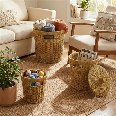 3’lü İç İçe Geçebilen Büyük Plastik Rattan Hasır Sepet Seti-dayanıklı Çok Amaçlı Ev,banyo Ve Mutfak Düzenleyici Bx40