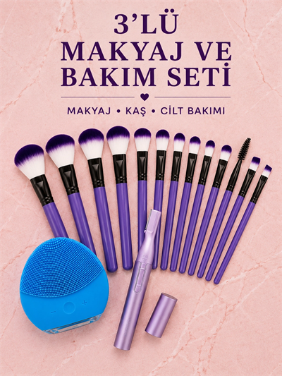 3’lü Makyaj ve Cilt Bakım Seti 12 Parça Makyaj Fırçası Kaş Alma Düzeltme ve Silikon Yüz Temizleme Cihazı
