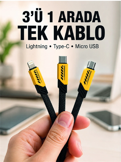 3lü Şarj Kablosu Hızlı Şarj Destekli Dayanıklı Örgü USB Kablo