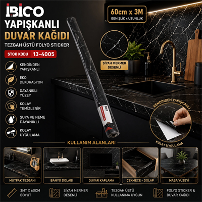 3mt X 60cm Siyah Mermer Desenli Tezgah Üstü Folyo Sticker - Duvar Kağıt Kendinden Yapışkanlı - Eko Dekorasyon - Dayanıklı Bx40