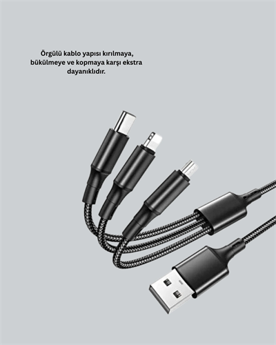 3’ü 1 Arada Hızlı Şarj Kablosu – iOS Android Type-C Uyumlu