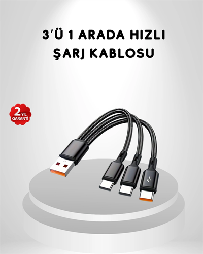 3’ü 1 Arada Hızlı Şarj Kablosu iOS Android Type-C Uyumlu ve Dayanıklı