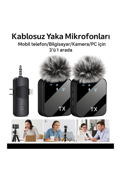 3ü 1 Arada Kablosuz Yaka Mikrofonu Seti ile Type-C, Lightning ve Jack Girişli Cihazlarda Kayıt