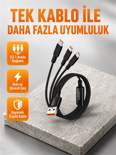3’ü 1 Arada Şarj Kablosu Type-C iOS Android Uyumlu Hızlı ve Güvenli Şarj