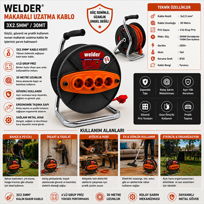 3x2.5mm 30mt Makaralı Uzatma Kablo Ct Welder Bx40