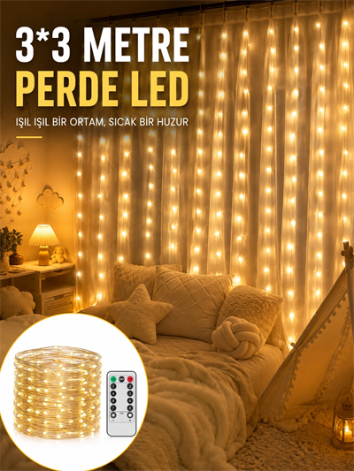 3x3 Metre Perde LED Işık – Parti ve Bahçe Dekorasyonu Yeni Nesil