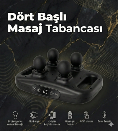 4 Başlıklı Masaj Tabancası - Ergonomik Derin Doku Sırt Ve Boyun Masaj Aleti Ağrı Ve Sızı Giderici