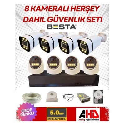 4 Iç 4 Dış 8 Kameralı Gece Renkli Sesli 5 Mp 250 GB HDD Dahil Ahd Güvenlik Kamera Seti
