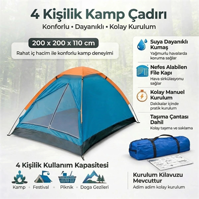 4 Kişilik Kamp Çadırı Manuel Kurulum Düz Kapılı Outdoor Dayanıklı Kamp Doğa Çadırı 200 X 200 X 110 Cm Bx40