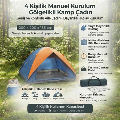 4 Kişilik Manuel Kurulum Gölgelikli Kamp Çadırı – Aile, Doğa, Piknik Ve Outdoor 200x200x135 Cm Bx40