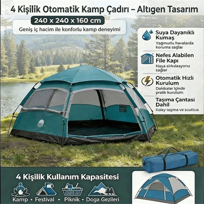 4 Kişilik Otomatik Kamp Çadırı – Altıgen Tasarım, Çift Kapılı, Suya Dayanıklı, Hızlı Kurulumlu Geniş Aile Outdoor Çadırı 240x240x160 Cm Bx40