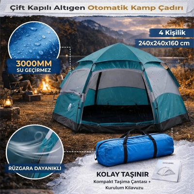 4 Kişilik Otomatik Kamp Çadırı – Altıgen Tasarım, Çift Kapılı, Suya Dayanıklı, Hızlı Kurulumlu Geniş Aile Outdoor Çadırı 240x240x160 Cm Bx40