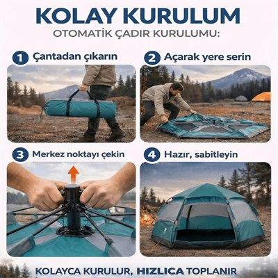 4 Kişilik Otomatik Kamp Çadırı – Altıgen Tasarım, Çift Kapılı, Suya Dayanıklı, Hızlı Kurulumlu Geniş Aile Outdoor Çadırı 240x240x160 Cm Bx40