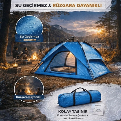4 Kişilik Otomatik Kamp Çadırı – Çift Katmanlı, Suya Dayanıklı, Hızlı Kurulum Outdoor Aile Ve Doğa Çadırı 200x200x140 Cm Bx40