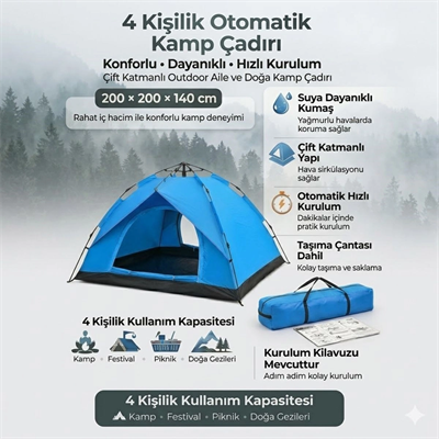 4 Kişilik Otomatik Kamp Çadırı – Çift Katmanlı, Suya Dayanıklı, Hızlı Kurulum Outdoor Aile Ve Doğa Çadırı 200x200x140 Cm Bx40