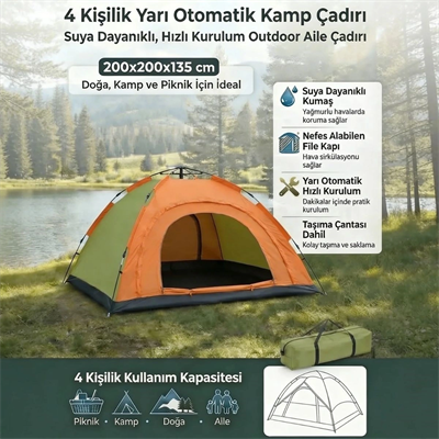 4 Kişilik Yarı Otomatik Kamp Çadırı – Suya Dayanıklı, Hızlı Kurulumlu Outdoor Aile Çadırı, Doğa, Kamp Ve Piknik 200x200x135 Cm Bx40