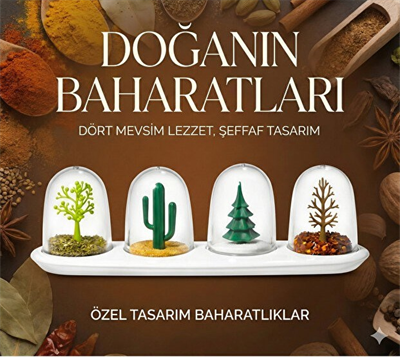 4 Mevsim Temalı Tasarım Baharatlık Seti - Dekoratif Ağaç ve Kaktüs Figürlü Standlı Tuzluk Biberlik