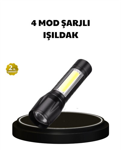 4 Mod Şarjlı Işıldak | Ultra Güçlü Cree LED | Su Geçirmez Alüminyum Gövde