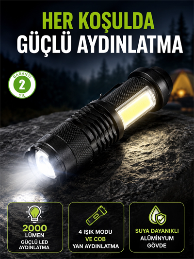 4 Modlu USB Şarjlı LED El Feneri Kamp ve Outdoor