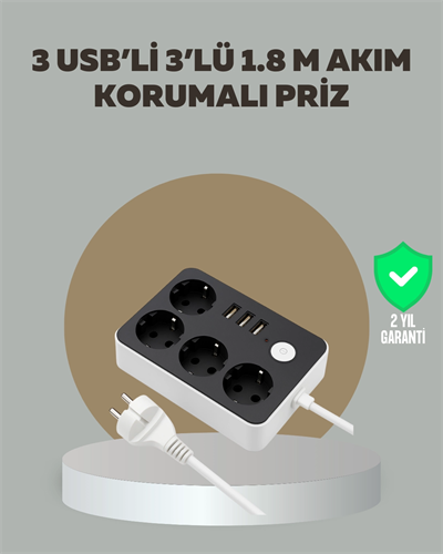 4 Prizli 3 USB Portlu Anahtarlı Akım Korumalı Priz