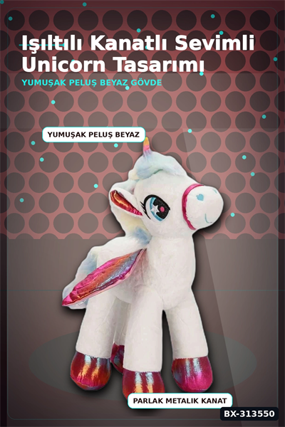 42 Cm Yumuşak Peluş Kanatlı Unicorn At Figürü Rengarenk Hediye Peluş Oyuncak BX-313550