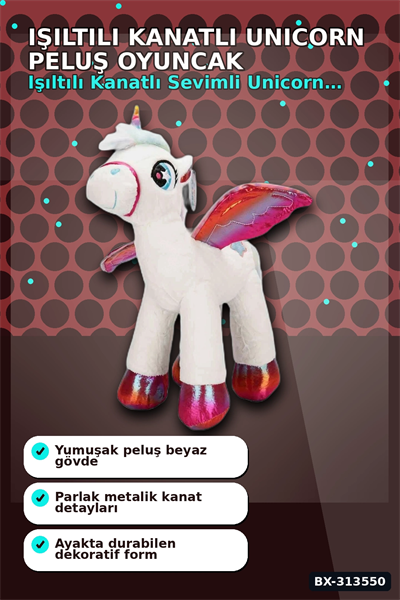 42 Cm Yumuşak Peluş Kanatlı Unicorn At Figürü Rengarenk Hediye Peluş Oyuncak BX-313550