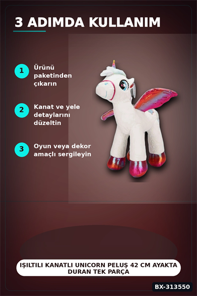 42 Cm Yumuşak Peluş Kanatlı Unicorn At Figürü Rengarenk Hediye Peluş Oyuncak BX-313550