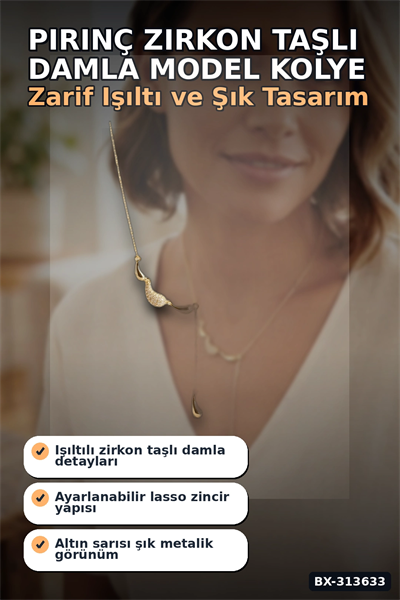 45 Cm Pirinç Gold Renk Zirkon Taşlı Damla Model Kadın Kolye - Tek Parça Takı BX-313633