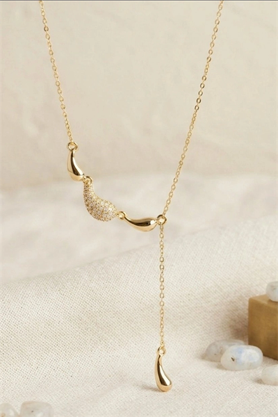 45 Cm Pirinç Gold Renk Zirkon Taşlı Damla Model Kadın Kolye - Tek Parça Takı BX-313633