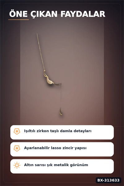 45 Cm Pirinç Gold Renk Zirkon Taşlı Damla Model Kadın Kolye - Tek Parça Takı BX-313633