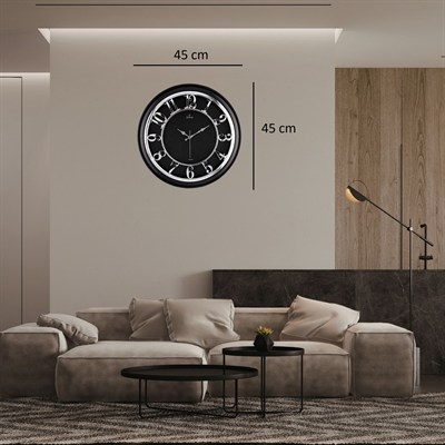 45 Cm Siyah Çerçeve Kabartma Gümüş Rakam Duvar Saati