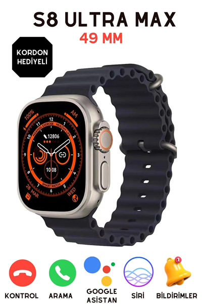 49mm Ekranlı, Nabız ve Uyku Takibi Yapabilen, Suya Dayanıklı Akıllı Saat - Siyah Silikon Kordon