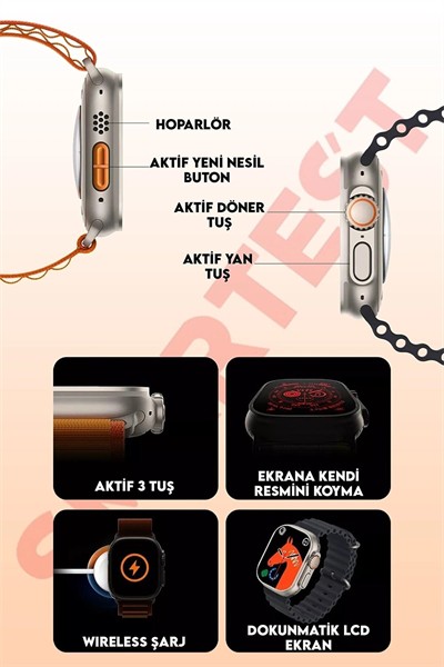 49mm Gümüş Kasa Kilitli Vidalı Turuncu Silikon Kordon SIM Kartlı GPS Nabız Sensörlü Akıllı Saat
