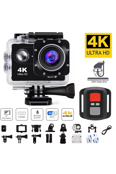 4K çözünürlüklü su geçirmez aksiyon kamerası kumandalı siyah wireless fotoğraf çekimi
