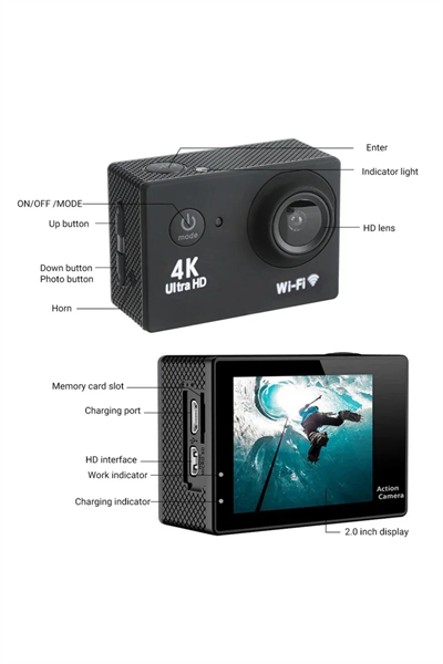4K çözünürlüklü su geçirmez aksiyon kamerası kumandalı siyah wireless fotoğraf çekimi