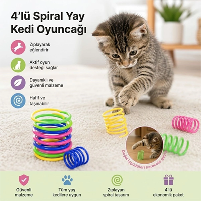 4'lü Renkli Spiral Yay Kedi Oyuncağı, Esnek Ve Hareketli Eğlenceli Kedi Oyun Seti Bx40