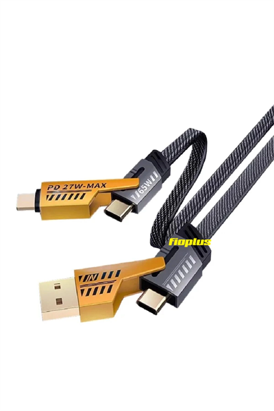 4in1 PD 65 Watt Type-C/27 Watt iPhone Halat Örgü Kırılmaz Uç 1MT Hızlı Şarj ve Data Kablosu fp98