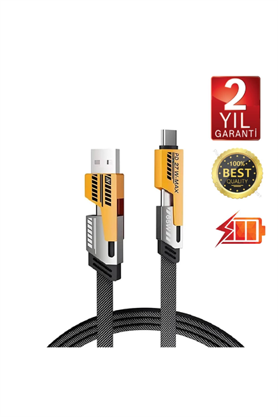 4in1 PD 65 Watt Type-C/27 Watt iPhone Halat Örgü Kırılmaz Uç 1MT Hızlı Şarj ve Data Kablosu fp98