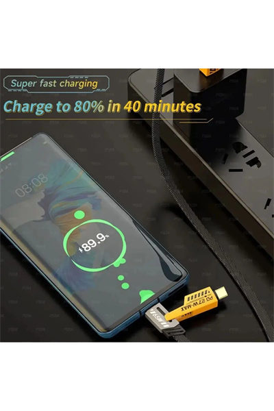 4in1 PD 65 Watt Type-C/27 Watt iPhone Halat Örgü Kırılmaz Uç 1MT Hızlı Şarj ve Data Kablosu fp98