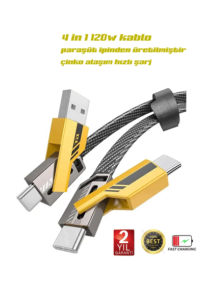 4in1 PD 65 Watt Type-C/27 Watt iPhone Halat Örgü Kırılmaz Uç 1MT Hızlı Şarj ve Data Kablosu fp98