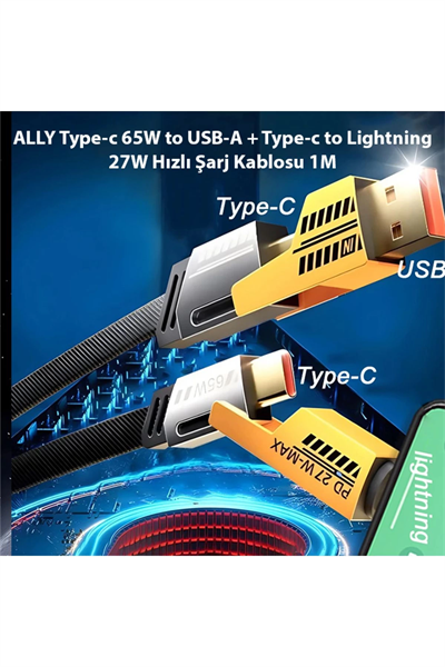 4in1 Type-c 65W to USB-A + Type-c to Lightning 27W Hızlı Şarj Kablosu SİYAH