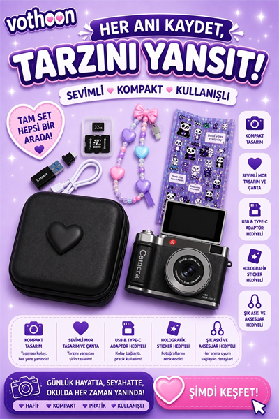 4k Çantalı Dijital Retro Video Kamera 48mp 16x Zoom Işıklı (32gb) Kart Dijital Fotoğraf Makinesi Siyah