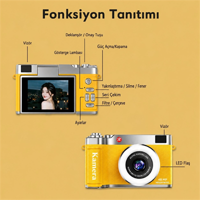 4k Çantalı Dijital Retro Video Kamera 48mp 16x Zoom Işıklı (32gb) Kart Dijital Fotoğraf Makinesi Sarı