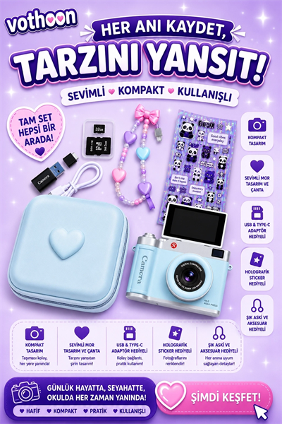 4k Çantalı Dijital Retro Video Kamera 48mp 16x Zoom Işıklı (32gb) Kart Dijital Fotoğraf Makinesi Mavi