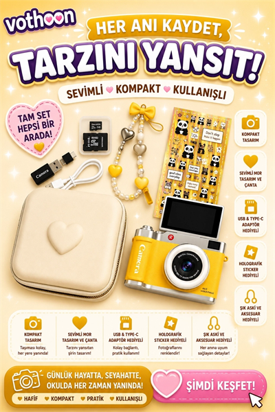 4k Çantalı Dijital Retro Video Kamera 48mp 16x Zoom Işıklı (32gb) Kart Dijital Fotoğraf Makinesi Sarı