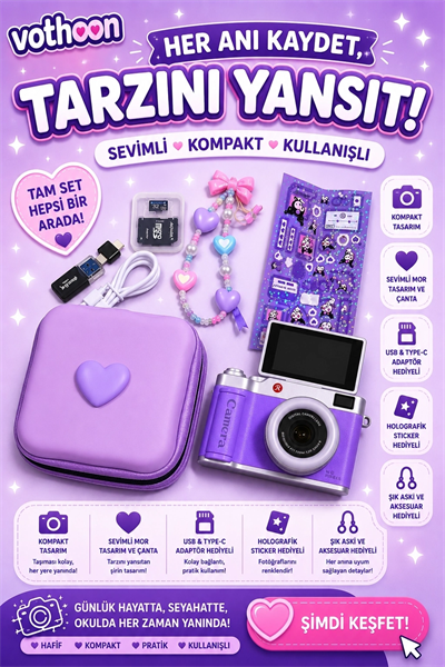 4k Çantalı Dijital Retro Video Kamera 48mp 16x Zoom Işıklı (32gb) Kart Dijital Fotoğraf Makinesi Mor