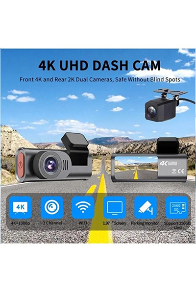 4k Wifi Çift Kameralı Araç Kamerası Gece Görüşlü G-sensörlü Dash Cam 170 Derece